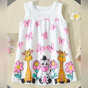 Girls White Tank Pajama Dress with Pink Butterflies & Animal Print